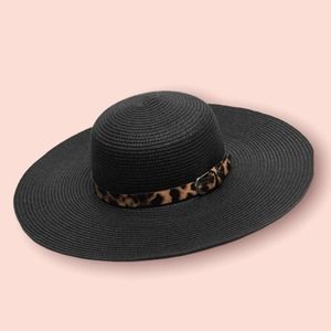 NEW Wide Brim Black Floppy Sunhat with Leopard Belted Trim Straw Natural